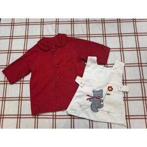 Vintage Girl's Bright Red Button Up Pea Coat Sz 3/4T With Matching Bear Applique